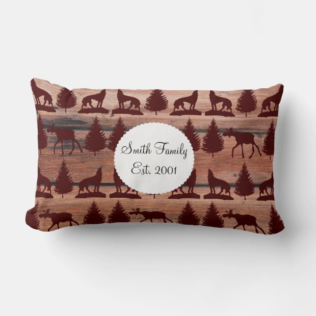 Forest Moose Wolf Wilderness Mountain Cabin Rustic Lumbar Pillow (Front)