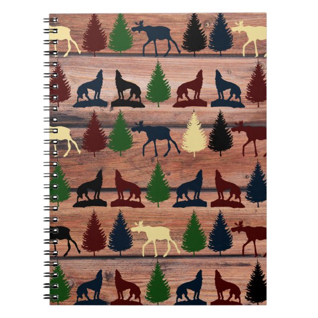 Forest Moose Wolf Wilderness Mountain Cabin Rustic Notebook (Front)