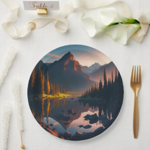 Forest Mountain Horizon With Sunrise Paper Plate