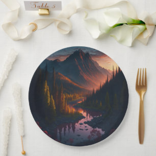 Forest Mountain Horizon With Sunset Paper Plate