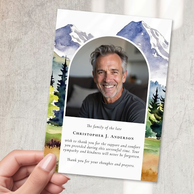 Forest Mountain Photo Sympathy Funeral Memorial Thank You Card (Creator Uploaded)