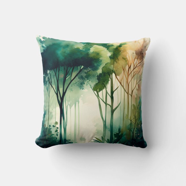 Forest Mountain River Watercolor Nature  Throw Pillow (Front)