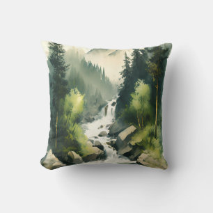 Forest Mountain River Watercolor Nature Throw Pillow