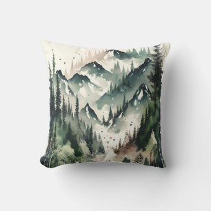 Forest Mountain River Watercolor Nature Throw Pillow