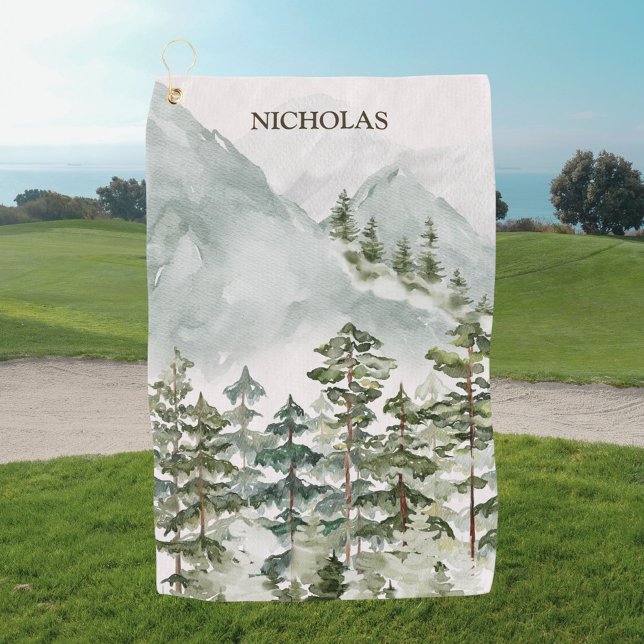Forest Mountain Watercolor Landscape Golf Towel (In situ)