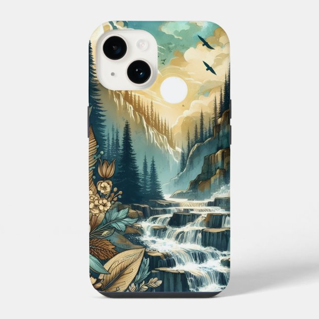 Forest Mountain Waterfall Boho Nature Pattern iPhone Case (Back)
