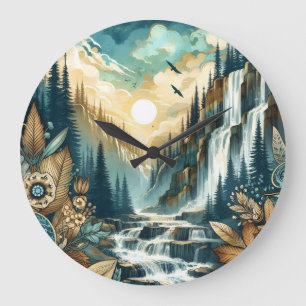 Forest Mountain Waterfall Boho Nature Pattern Large Clock
