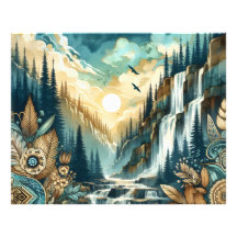 Forest Mountain Waterfall Boho Nature Pattern
