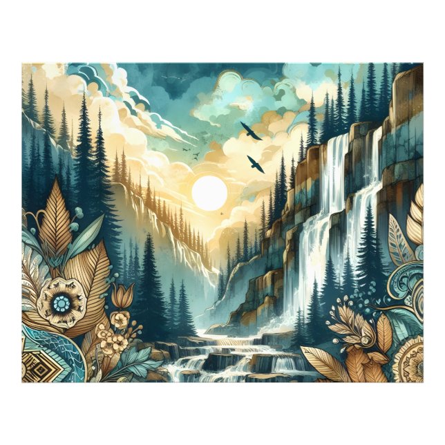 Forest Mountain Waterfall Boho Nature Pattern Photo Print (Front)