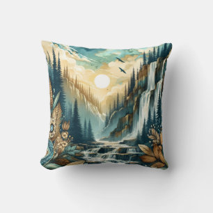 Forest Mountain Waterfall Boho Nature Pattern Throw Pillow