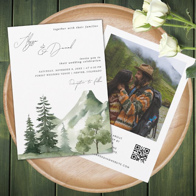 Forest Mountains Modern Script QR Code Wedding Invitation (Creator Uploaded)