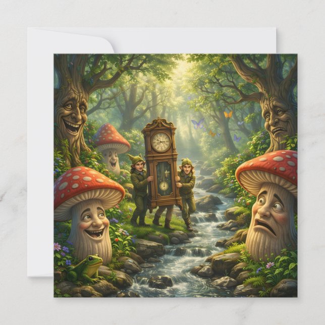 Forest mushroom and gnome clock birthday card (Front)
