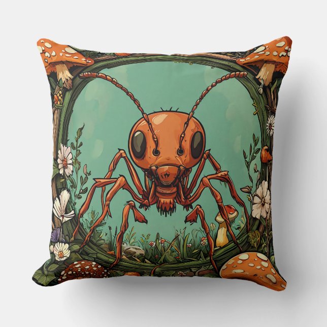 🐜 Forest Mushroom Ant Nature Decor 🌿 Throw Pillow (Front)