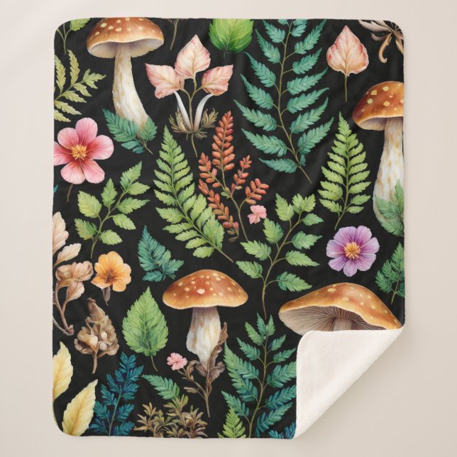 Forest Mushroom Fern Pattern Black Background Sherpa Blanket (Front)
