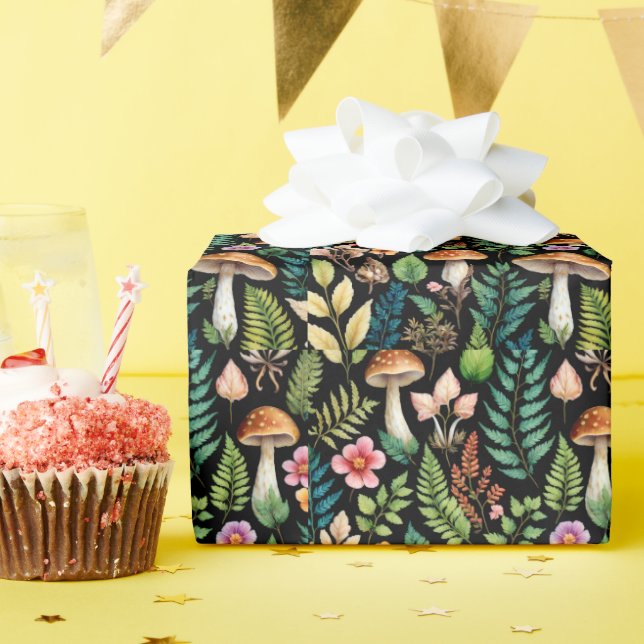 Forest Mushroom Fern Pattern Black Background Wrapping Paper (Birthday Party)