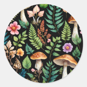 Forest Mushroom Fern Pattern Woodland Art Classic Round Sticker