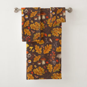 Forest mushrooms and autumn flora on brown bath towel set