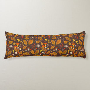 Forest mushrooms and autumn flora on brown body pillow