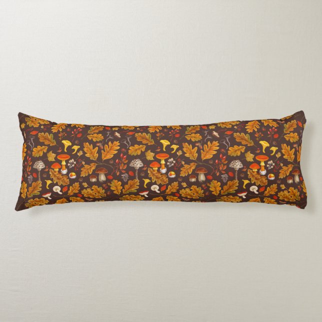 Forest mushrooms and autumn flora on brown body pillow (Front)
