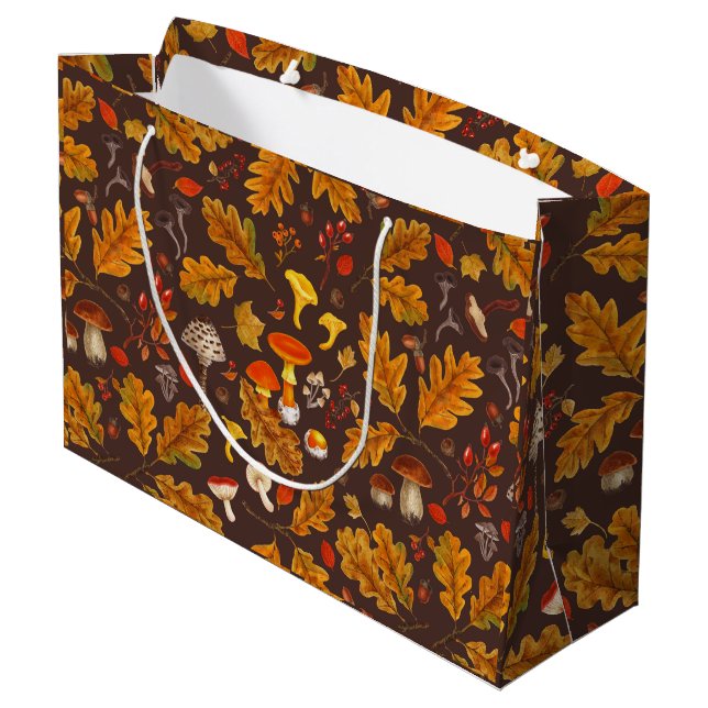 Forest mushrooms and autumn flora on brown large gift bag (Back Angled)