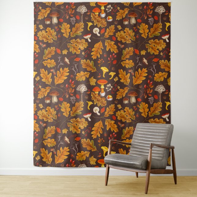 Forest mushrooms and autumn flora on brown tapestry (In Situ)