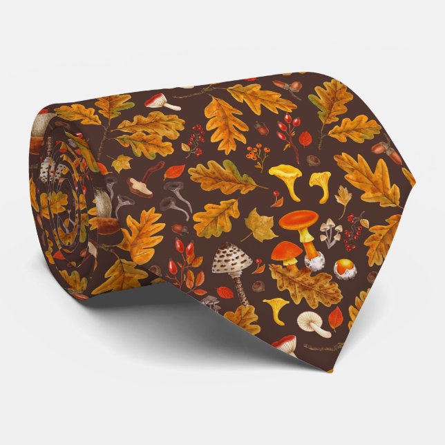 Forest mushrooms and autumn flora on brown tie (Rolled)