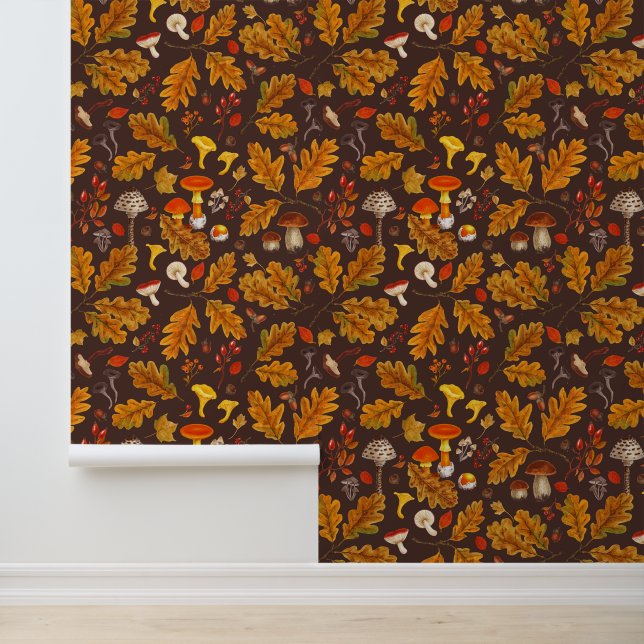Forest mushrooms and autumn flora on brown wallpaper (Application)
