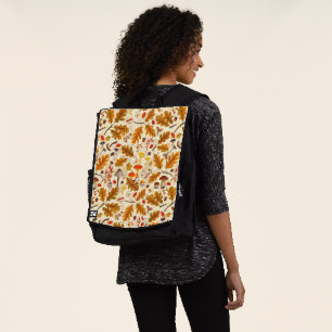 Forest mushrooms and autumn flora on cream backpack