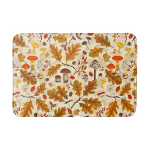 Forest mushrooms and autumn flora on cream bath mat