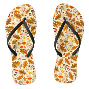 Forest mushrooms and autumn flora on cream flip flops