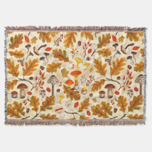 Forest mushrooms and autumn flora on cream throw blanket