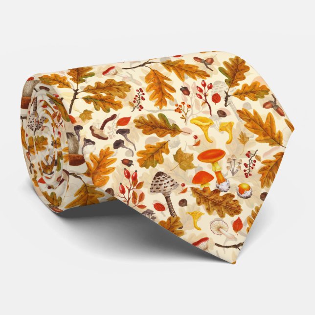 Forest mushrooms and autumn flora on cream tie (Rolled)