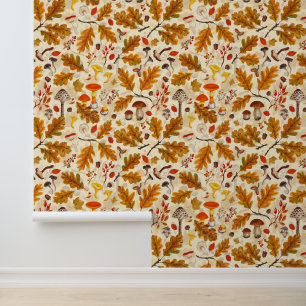 Forest mushrooms and autumn flora on cream wallpaper