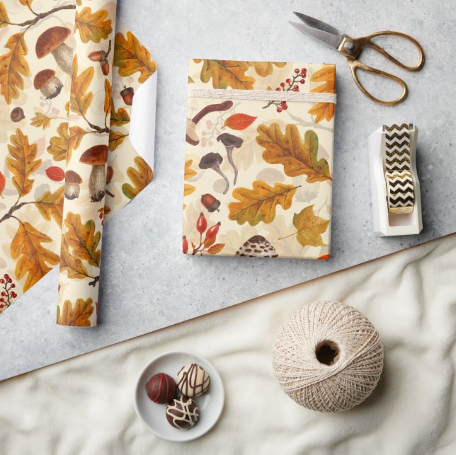Forest mushrooms and autumn flora on cream wrapping paper (Crafts)