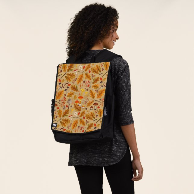 Forest mushrooms and autumn flora on ochre backpack (Worn)