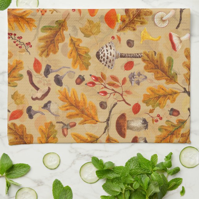Forest mushrooms and autumn flora on ochre kitchen towel (Folded)