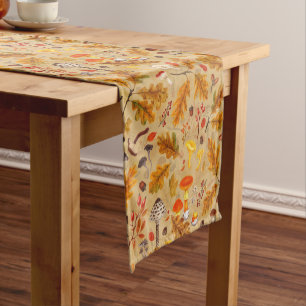 Forest mushrooms and autumn flora on ochre short table runner