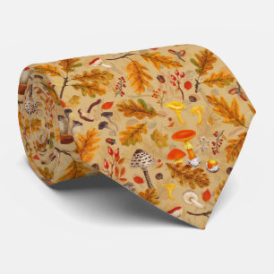 Forest mushrooms and autumn flora on ochre tie
