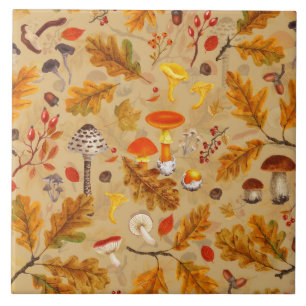 Forest mushrooms and autumn flora on ochre tile