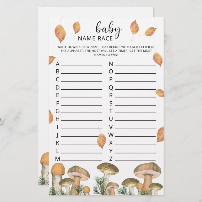 Forest mushrooms - baby name race game (Front/Back)