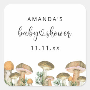 Forest mushrooms baby shower square sticker