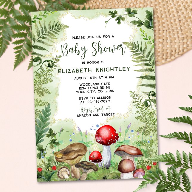 Forest Mushrooms Ferns Rustic Nature Baby Shower Invitation (Creator Uploaded)