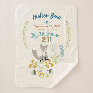 Forest Nursery Fox Leaf Floral Pattern Birth Stats Sherpa Blanket