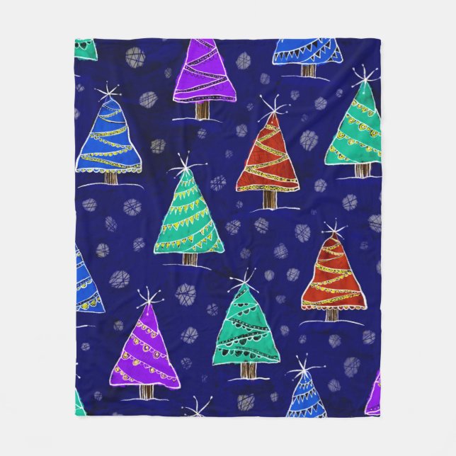 Forest of Christmas trees drawn in the style of wa Fleece Blanket (Front)