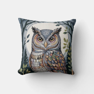 Forest Owl Mosaic Cozy Indigo Throw Pillow