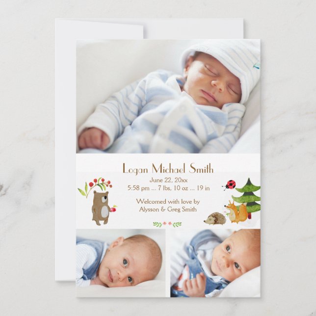 Forest Pals Photo Birth Announcement (Front)