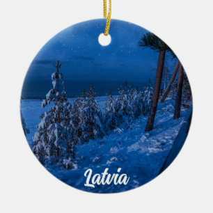 Forest path at winter night ceramic tree decoratio ornament