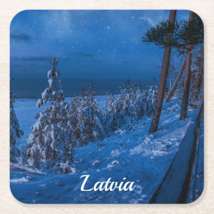 Forest path at winter night square paper coaster