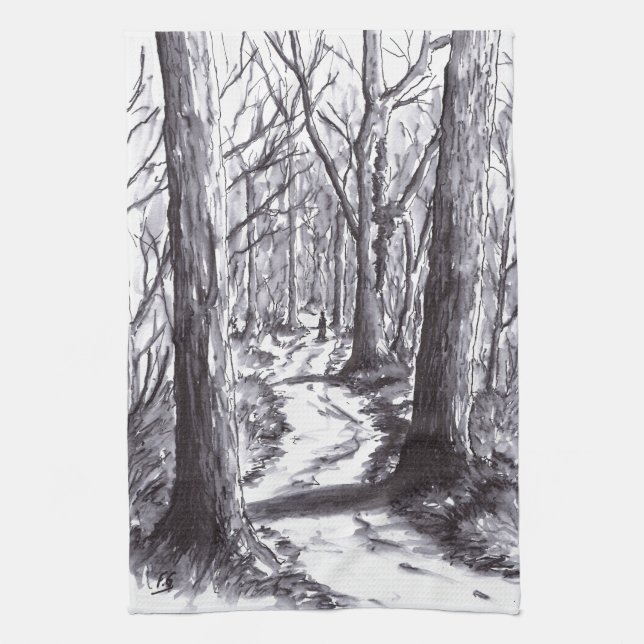 forest path ink landscape drawing kitchen towel (Vertical)