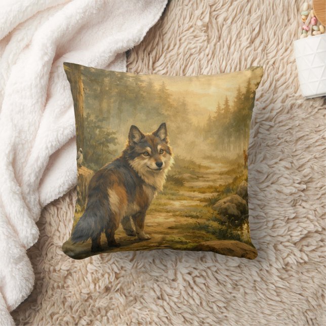 Forest Path & Misty Lake Wolf Dual‑Scene Design Throw Pillow (Blanket)